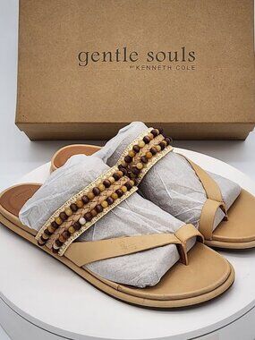 Gentle Souls Lentini Bead Tan Leather Embellished Slide Sandals Women’s Size 9.5